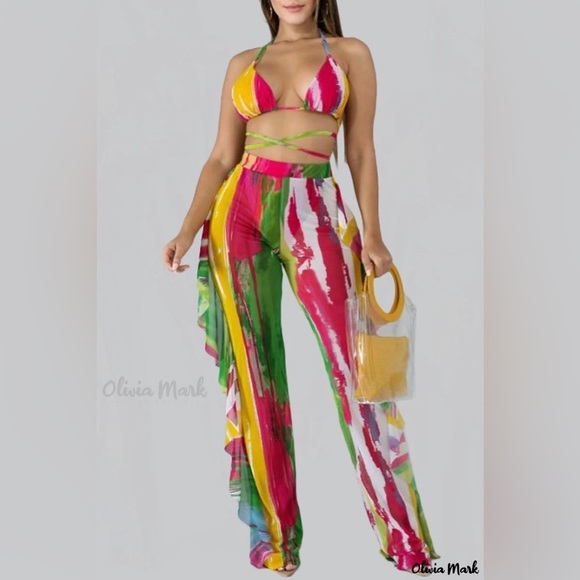 NIB Striped Pink Blue Sexy Halter Mesh Sheer Bikini 2 Piece Pants Outfit Large - Picture 3 of 11